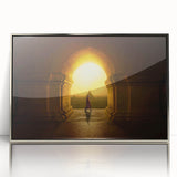 Mid-century modernist art of a Myanmar landscape in muted earth tones, framed acrylic, ideal for nursery wall art.
