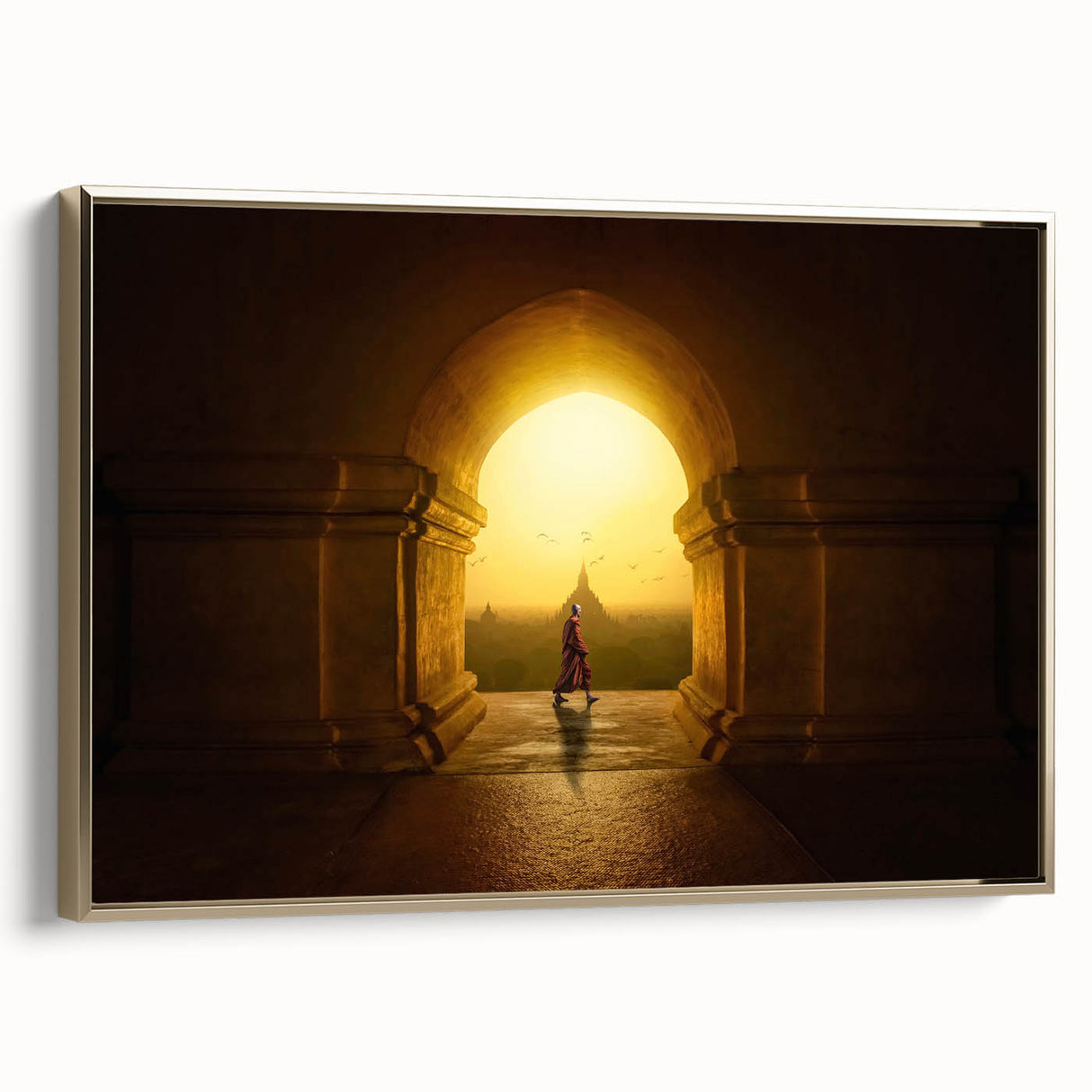 Framed canvas featuring a vintage-style landscape painting of a Myanmar scenery in black and gold tones.