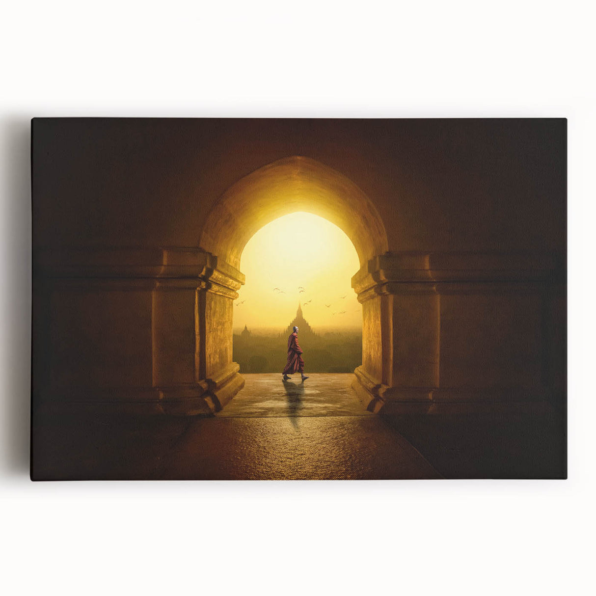 Large black and white photo of a Myanmar landscape on stretched canvas, ideal for kitchen wall art.