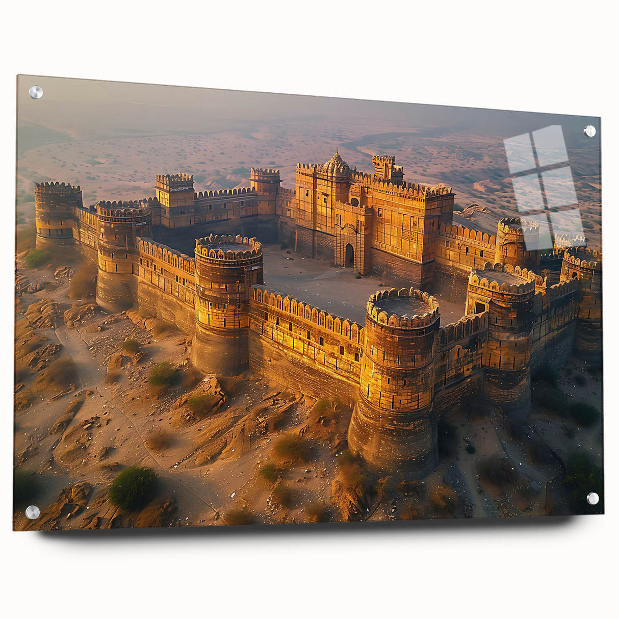 Acrylic print of a large abstract depiction of Pakistani scenery in muted earth tones.