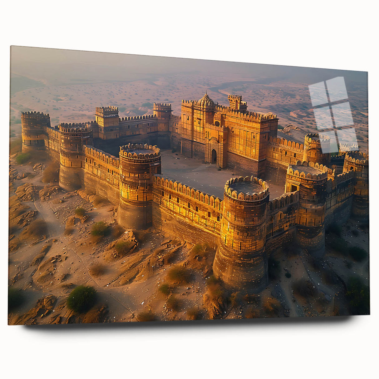 Large abstract wall art of a Pakistani landscape in muted earth tones on acrylic glass.