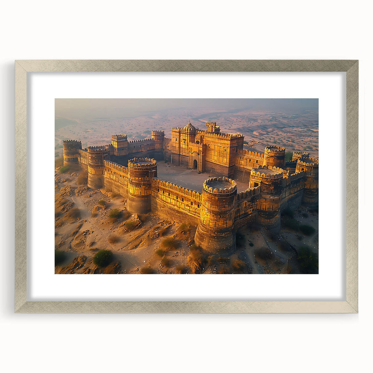 Textured abstract art print of a Pakistani landscape in muted earth tones on a framed canvas, ideal for bedroom art.
