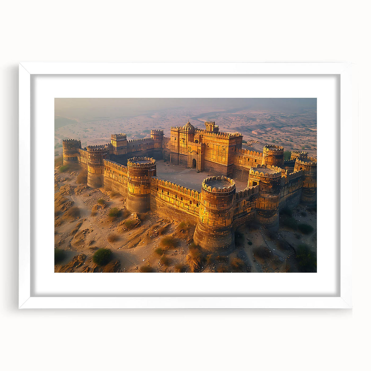 Abstract art print of a stylized Pakistani landscape in muted earth tones on a white framed mat.