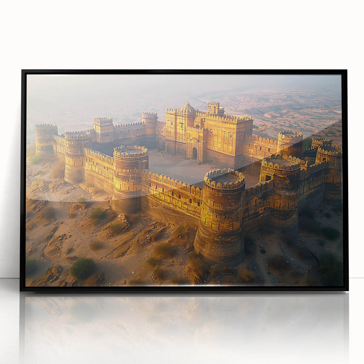 Large abstract wall art depicting a serene Pakistani landscape in muted earth tones on a framed acrylic.