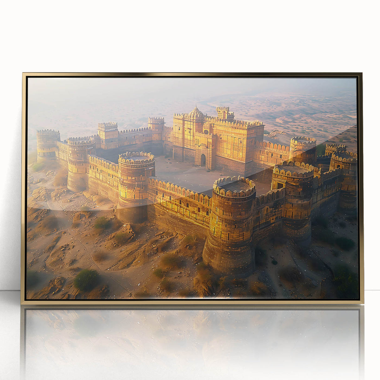 Mid-century modernist acrylic print featuring a serene Pakistani landscape in muted gold tones.
