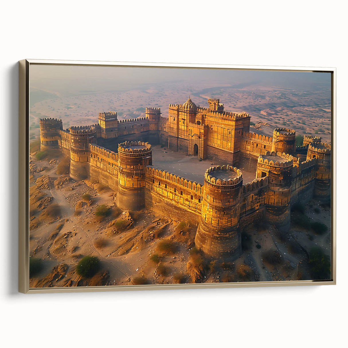 Framed canvas depicting a vintage-style landscape of Pakistan in muted gold and black tones, ideal for bedroom wall decor.