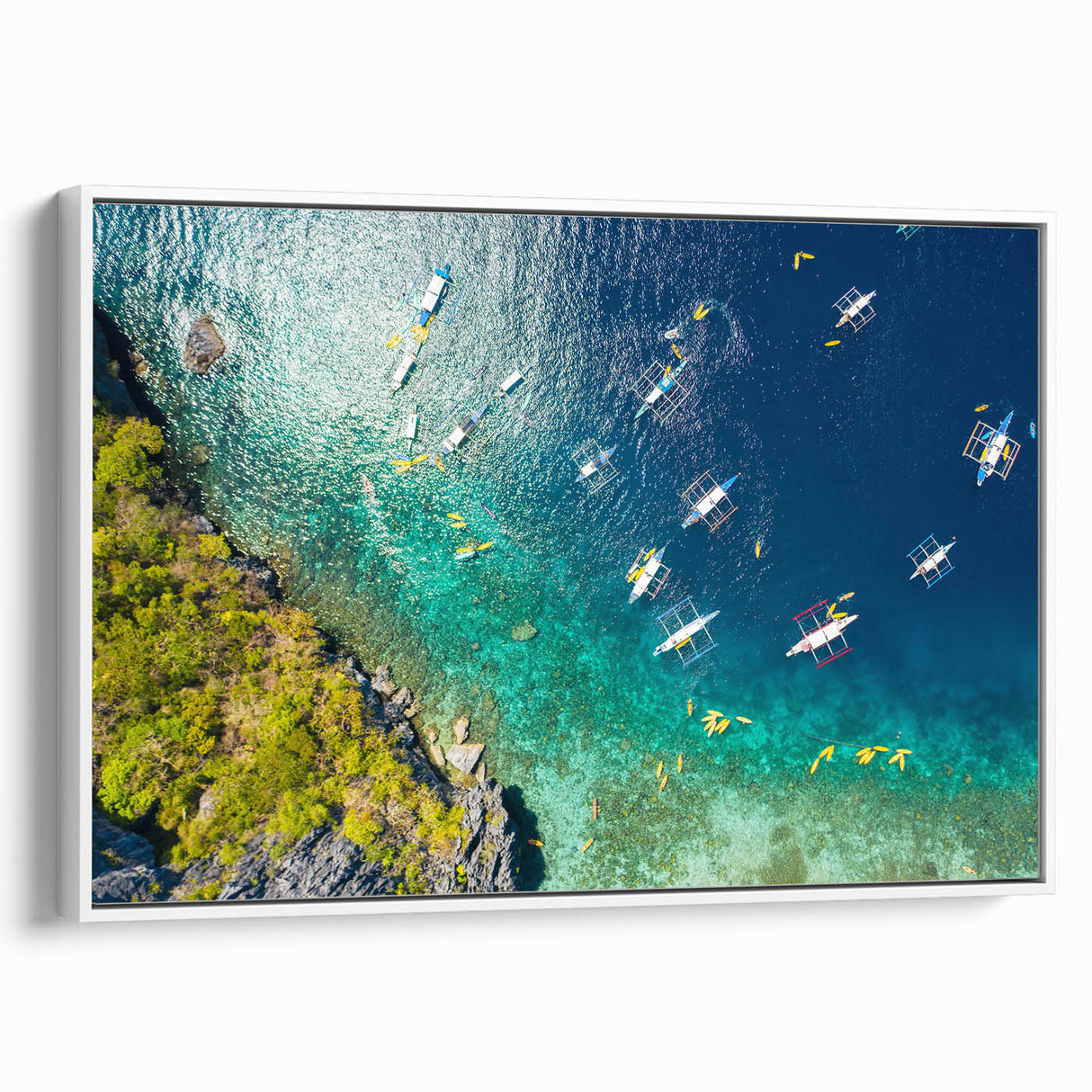 Vintage poster art of a Philippine scenery on extra large framed canvas, featuring vibrant colors against a black background.