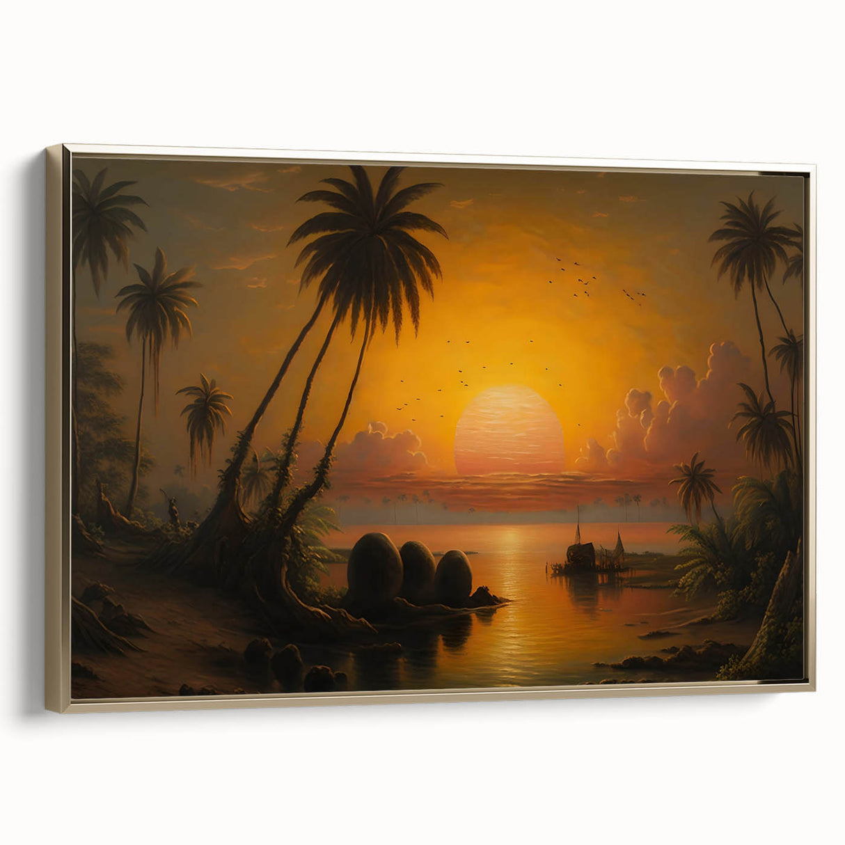 Framed canvas featuring a vintage-style landscape painting of a Sri Lankan scenery in muted gold and black tones.