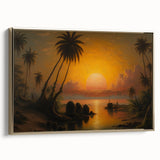 Framed canvas featuring a vintage-style landscape painting of a Sri Lankan scenery in muted gold and black tones.