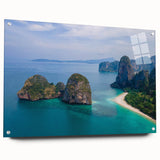 Large abstract wall art of a Thai landscape in muted blues and greens on acrylic glass.
