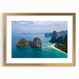 Extra large abstract art print depicting a textured scenery of Thailand in muted earth tones, framed in gold.