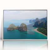 Acrylic print of a serene Thai landscape in muted green and blue tones, framed in white, suitable for modern art wall decor.