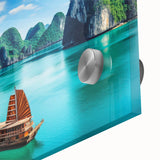 Large abstract wall art depicting a Vietnamese landscape in muted earth tones on acrylic glass.