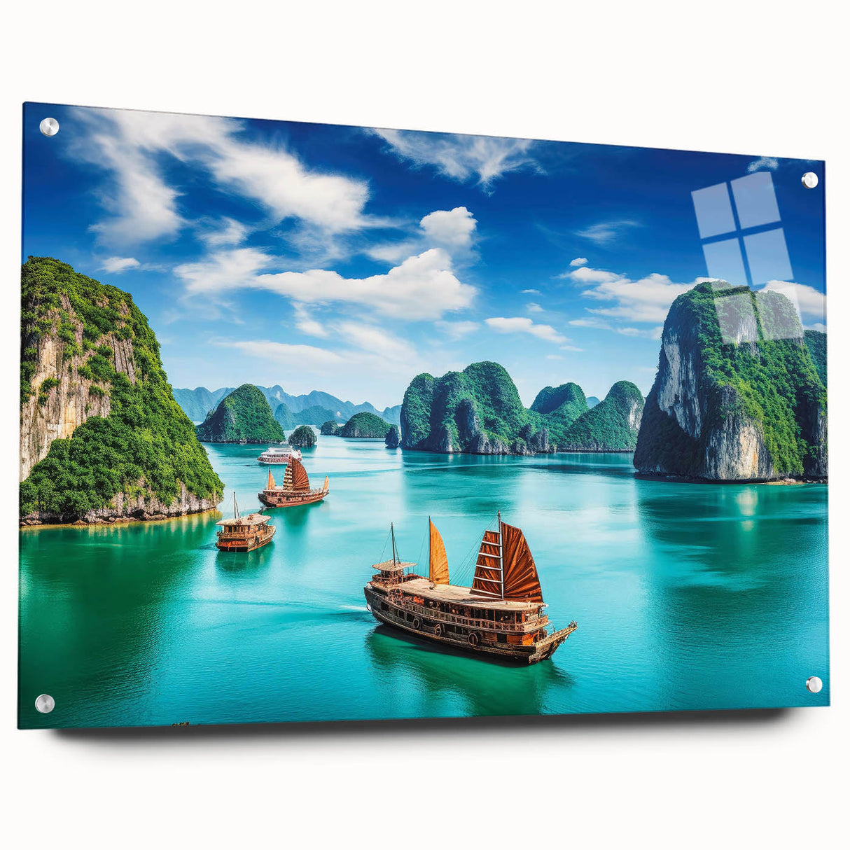 Acrylic print of a large abstract depiction of a Vietnamese landscape in muted green and blue tones.