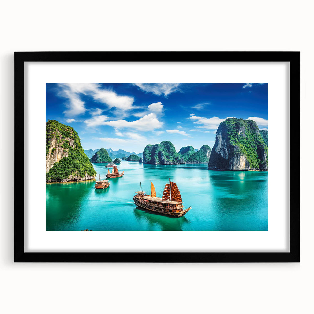 Extra large abstract art print featuring a colorful, textured depiction of a Vietnamese landscape, in a black frame with mat.
