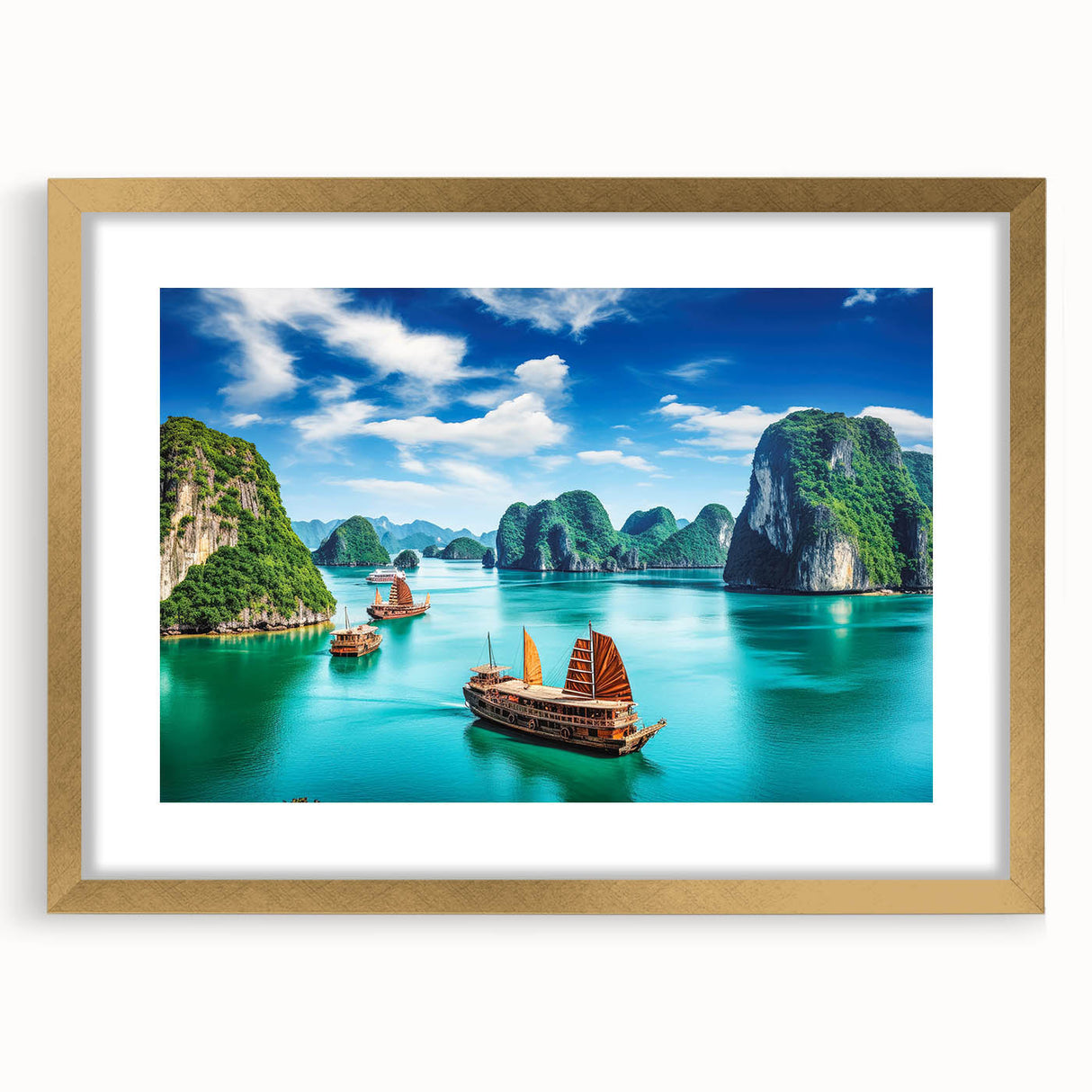 Extra large textured abstract art print depicting a serene Vietnamese landscape in muted earth tones, framed in gold.