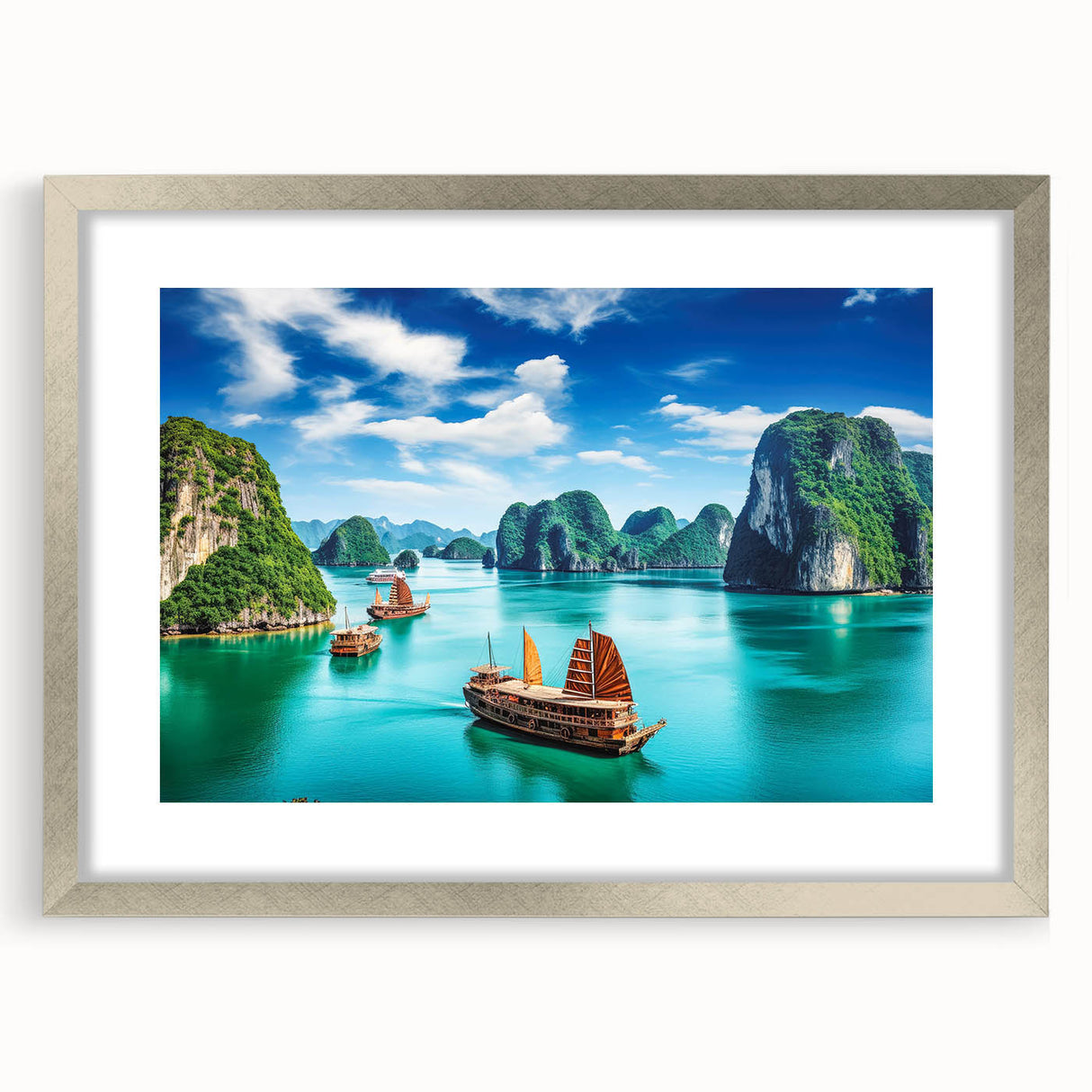 Textured art print of a Vietnamese landscape in muted green and blue tones, framed in silver, ideal for bedroom art.