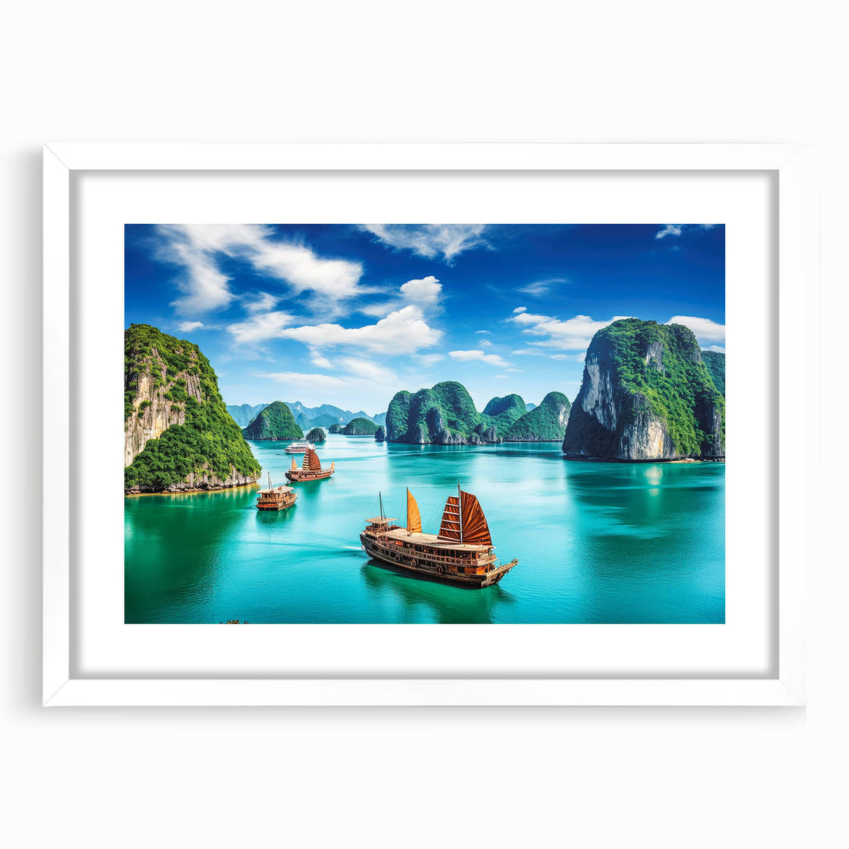 Abstract art print of a Vietnamese landscape in muted green and blue tones on a framed white mat.