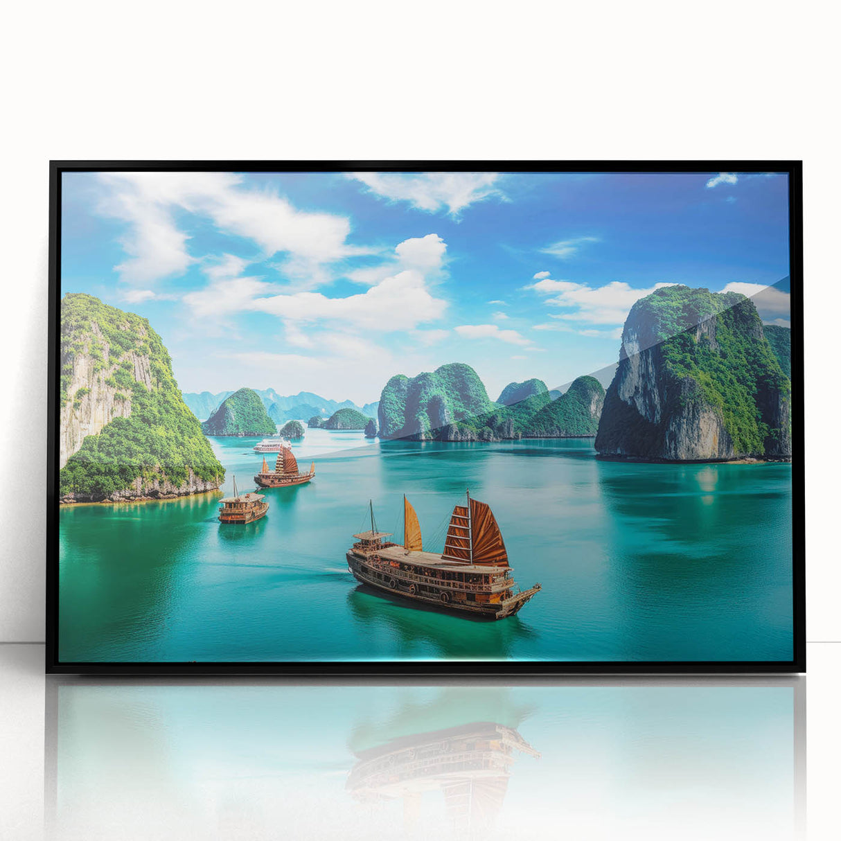 Large abstract wall art featuring a scenic Vietnam landscape in muted green and blue tones on framed acrylic.
