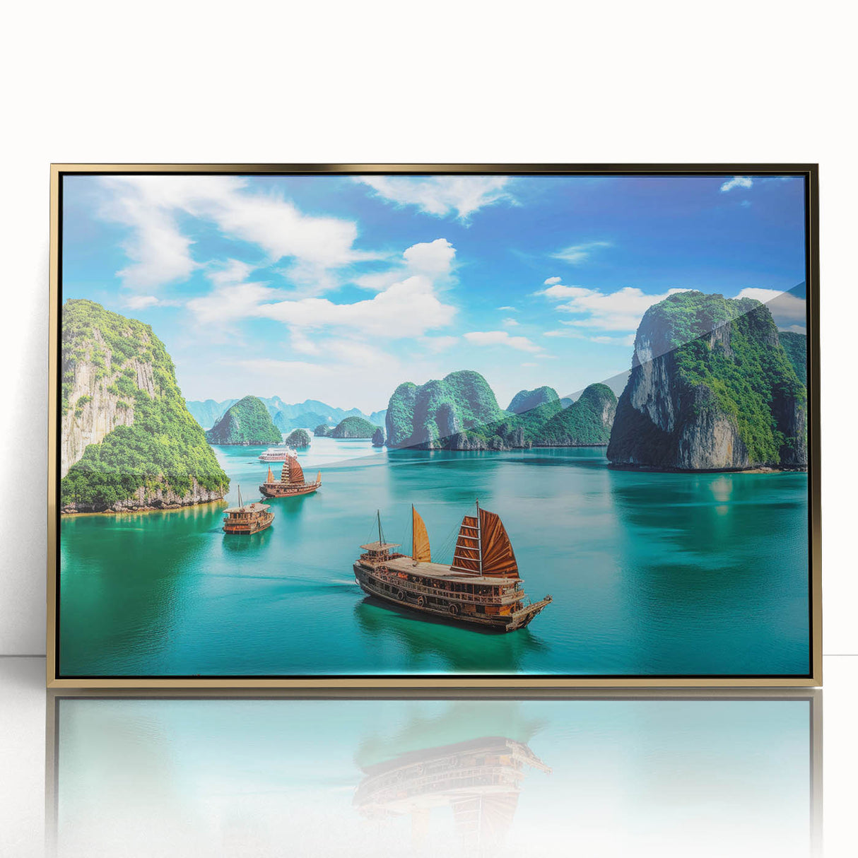 Mid-century modernist acrylic print featuring a Vietnamese landscape in gold and green tones.