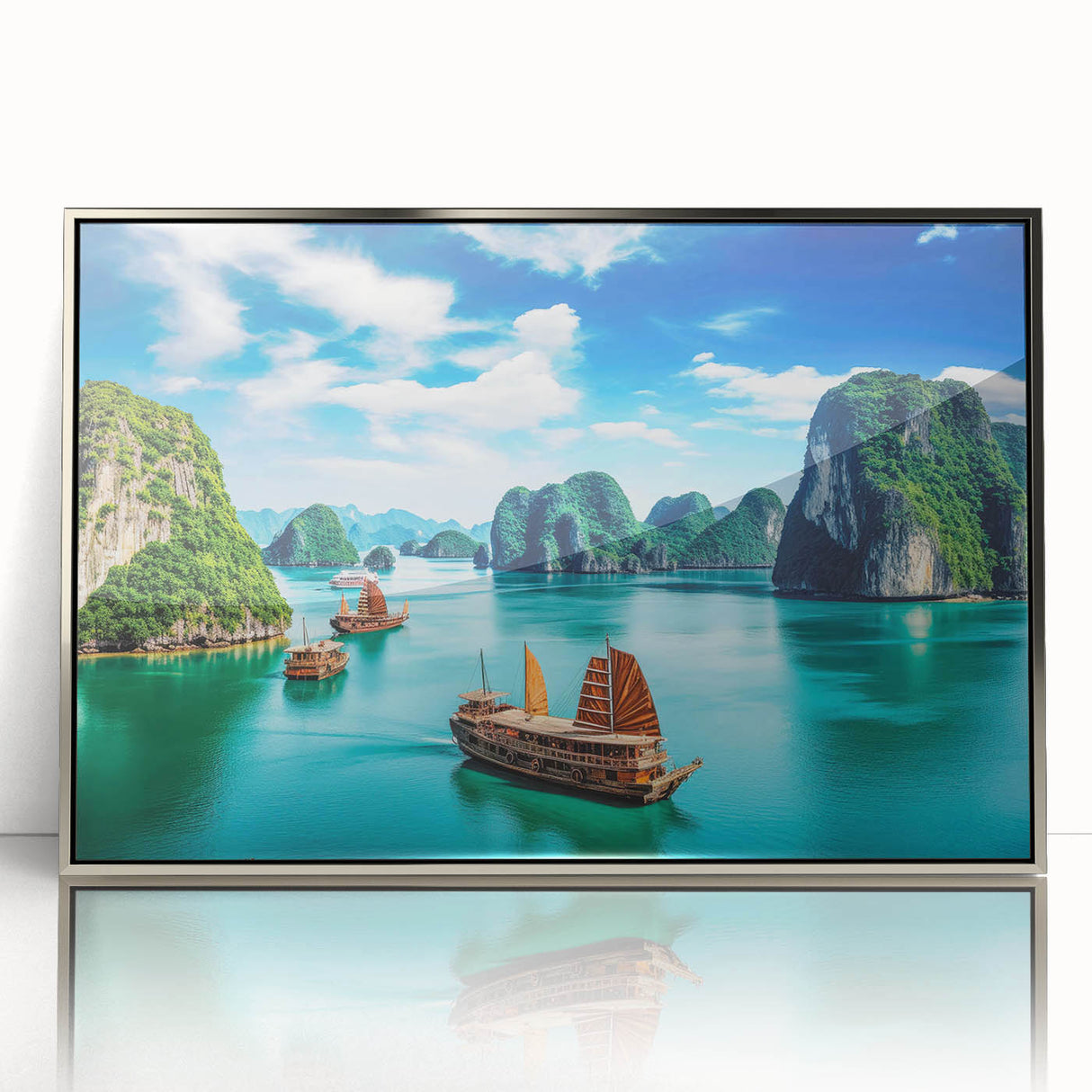 Mid-century modernist art depicting a serene Vietnamese landscape in muted green and blue tones, framed acrylic.