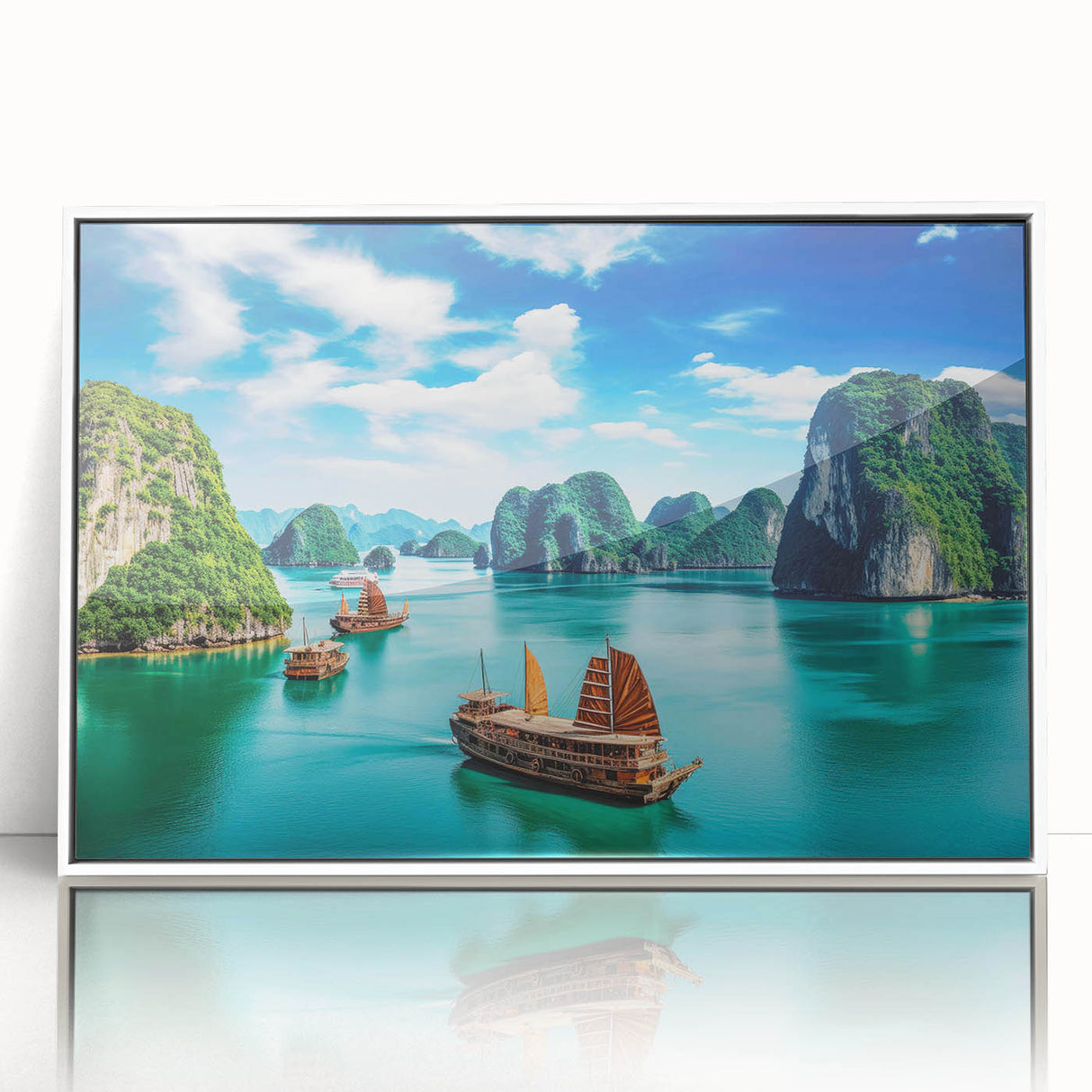 Framed acrylic print of a Vietnamese landscape in art deco style, featuring muted earth tones.