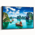 Black and white framed canvas depicting a vintage-style Vietnamese landscape, ideal for bedroom wall decor.