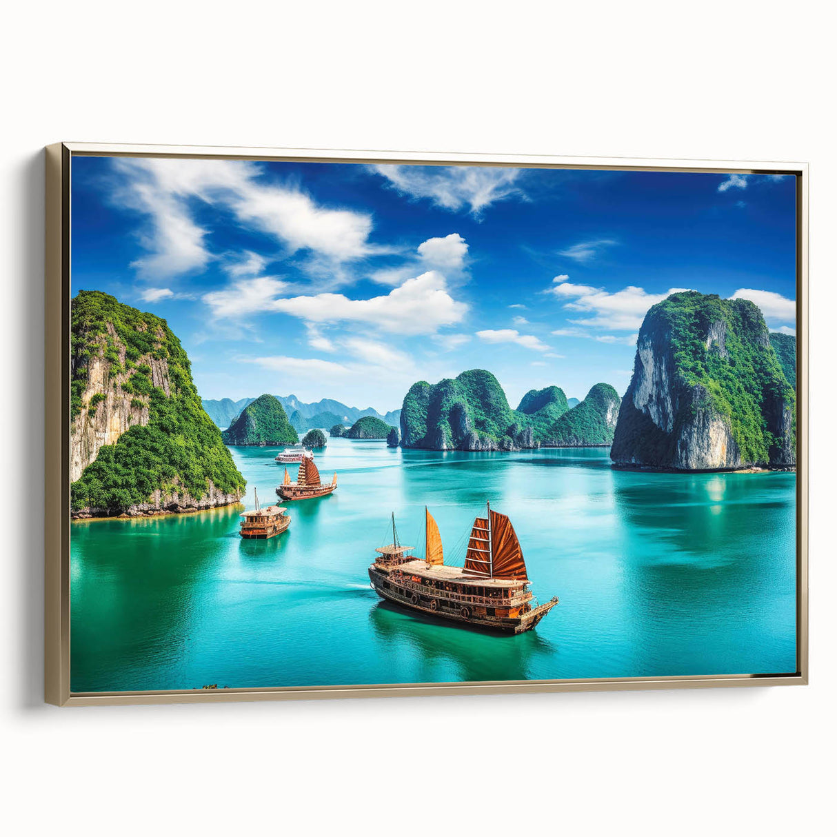 Framed canvas depicting a vintage-style Vietnamese landscape in muted gold and black, ideal for bedroom wall art.