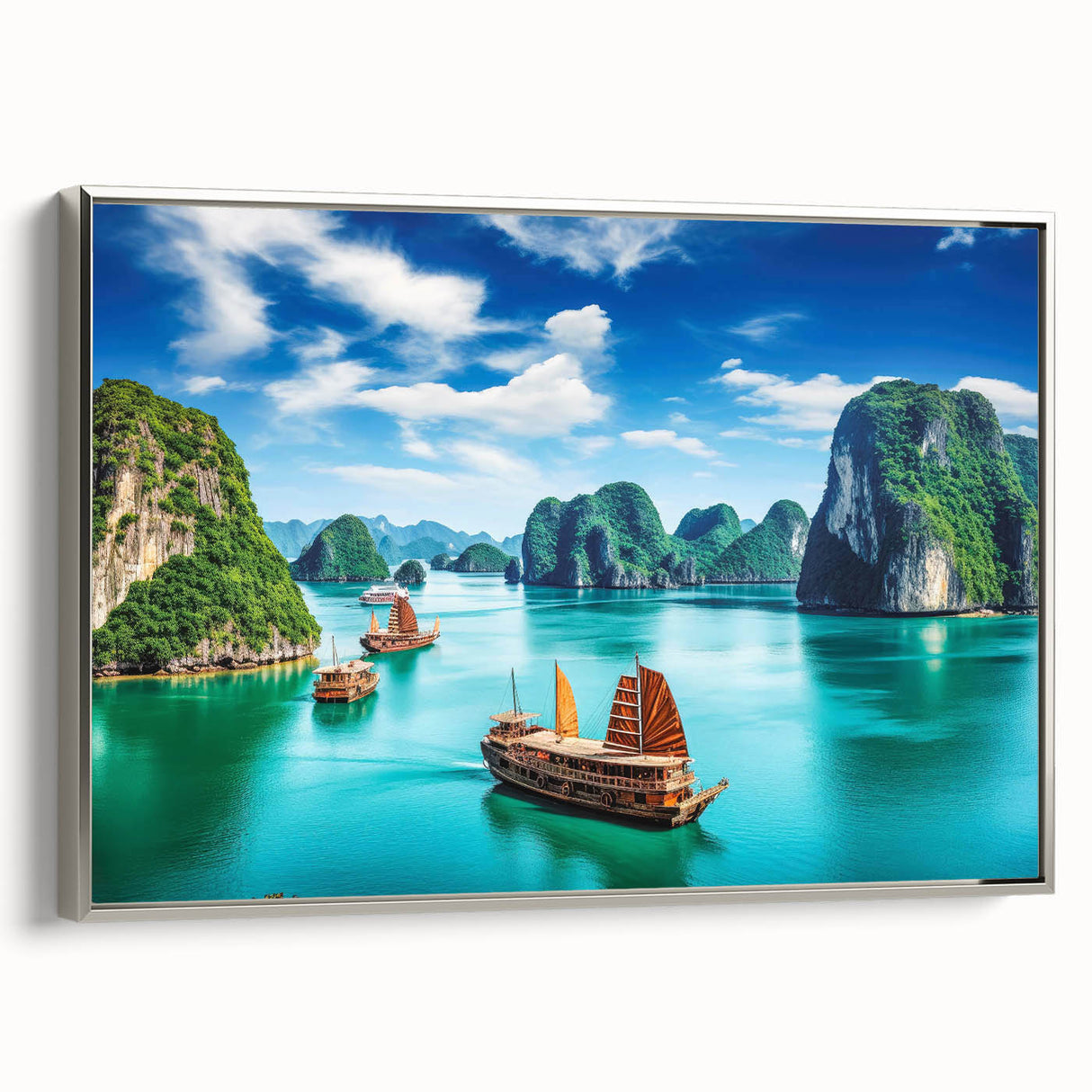 Framed canvas depicting a vintage-style landscape art painting of a Vietnamese scenery in vibrant, colorful tones.