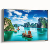 Framed canvas depicting a vintage-style landscape art painting of a Vietnamese scenery in vibrant, colorful tones.