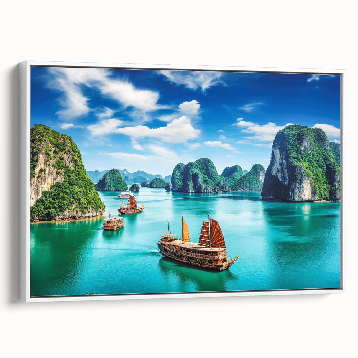 Vintage poster art of a vibrant Vietnamese landscape on a framed canvas, ideal for living room decor.