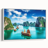 Vintage poster art of a vibrant Vietnamese landscape on a framed canvas, ideal for living room decor.