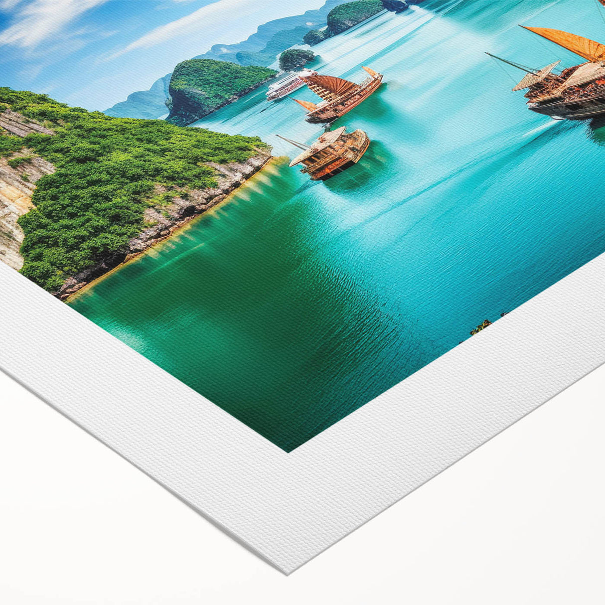 Art deco poster of a serene Vietnamese landscape in muted green and blue tones on rolled canvas, ideal for dining room decor.