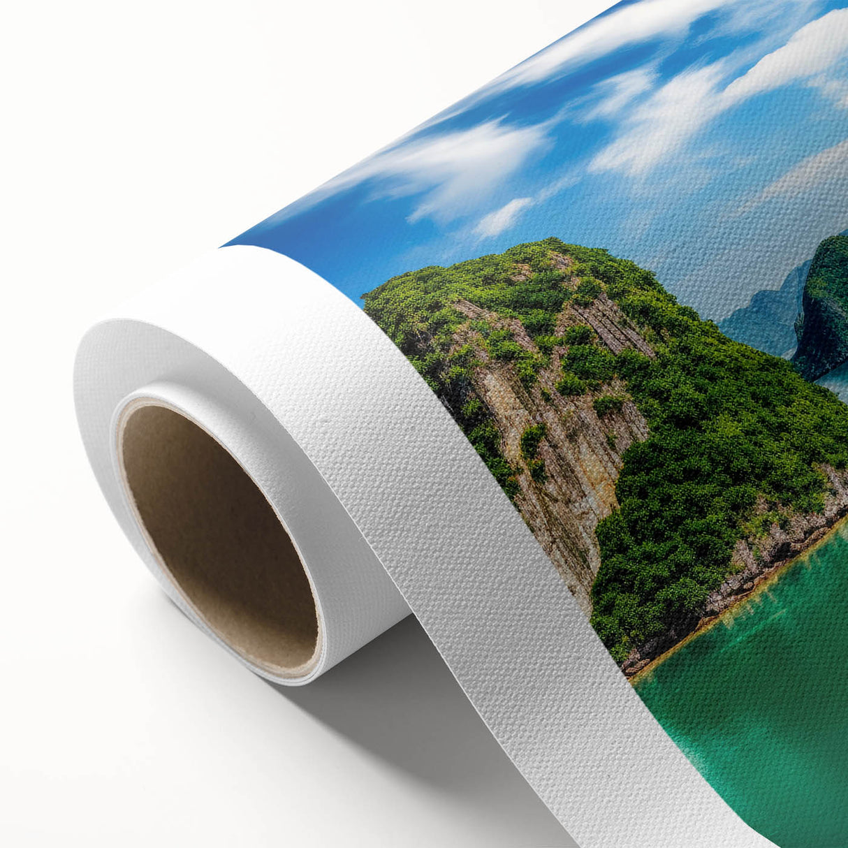 Art deco poster of a Vietnamese landscape in muted green and brown tones on rolled canvas, ideal for nursery wall art.