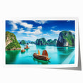 Rolled print of a Vietnamese landscape featuring lush greenery and a river, in muted earth tones.