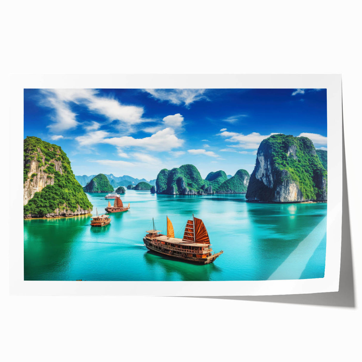 Rolled print of a Vietnamese landscape featuring lush greenery and a river, in muted earth tones.