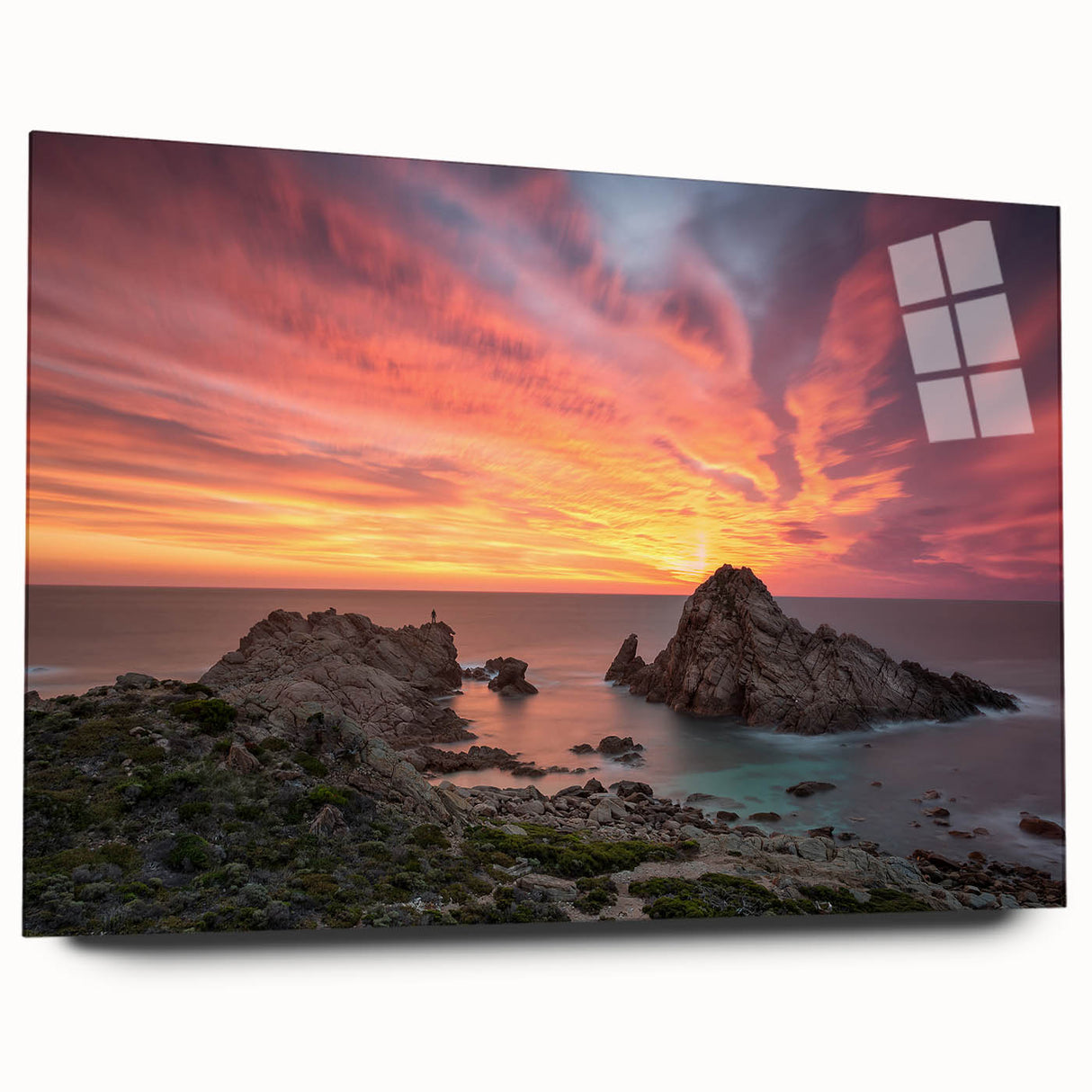 Large abstract wall art of Perth scenery in muted blue and green tones on acrylic glass.
