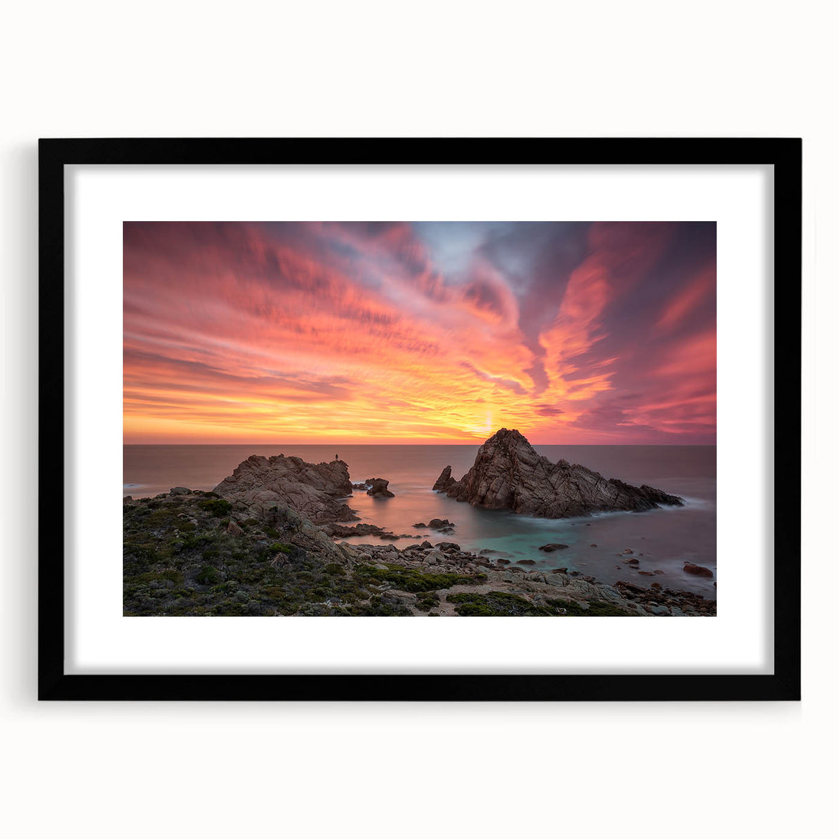 Extra large abstract art print of colorful, textured scenery depicting Perth, Australia on a black framed canvas.