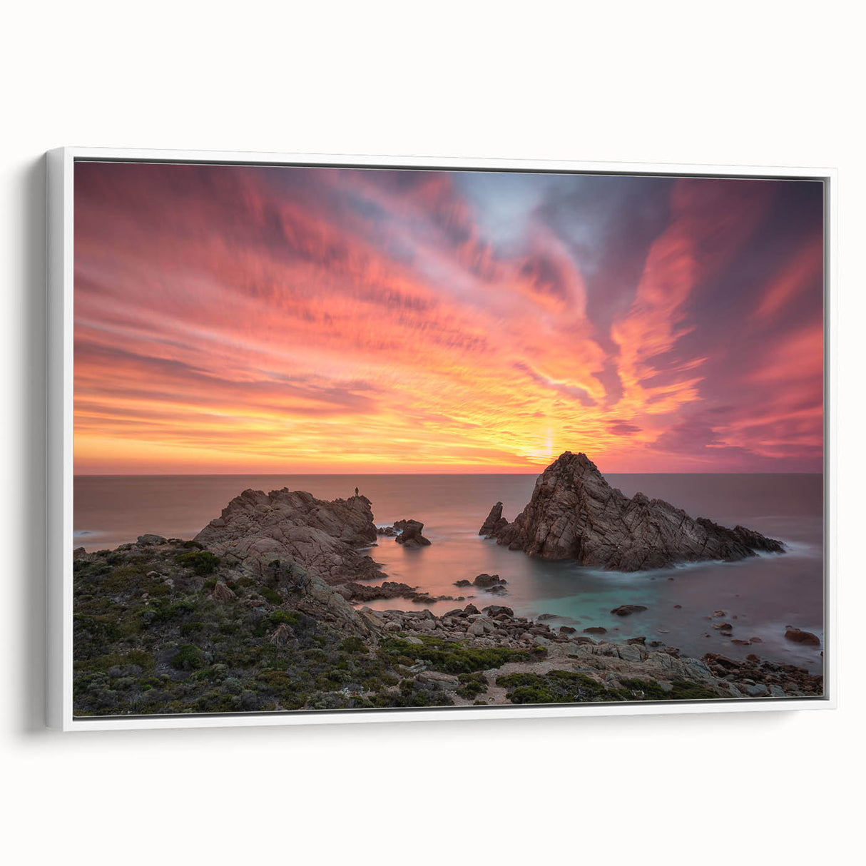 Framed canvas featuring a vintage-style landscape painting of Perth, Australia with muted earth tones.