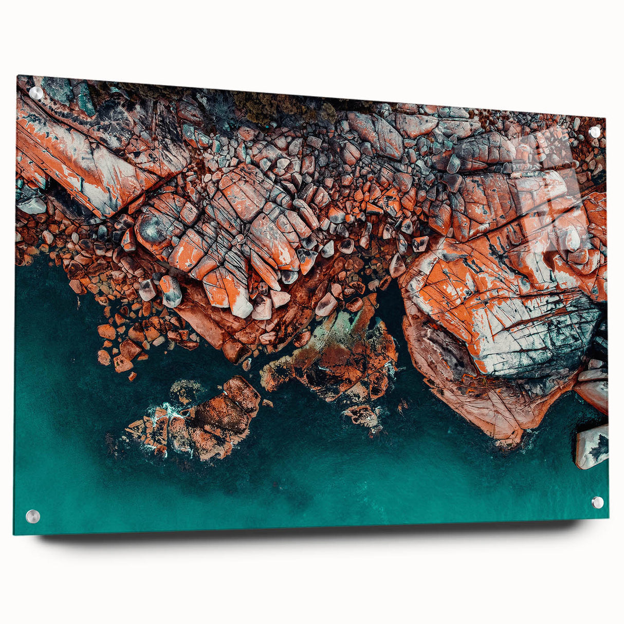 Acrylic print of a Tasmanian landscape in muted green and blue tones, suitable for bedroom or dining room decor.