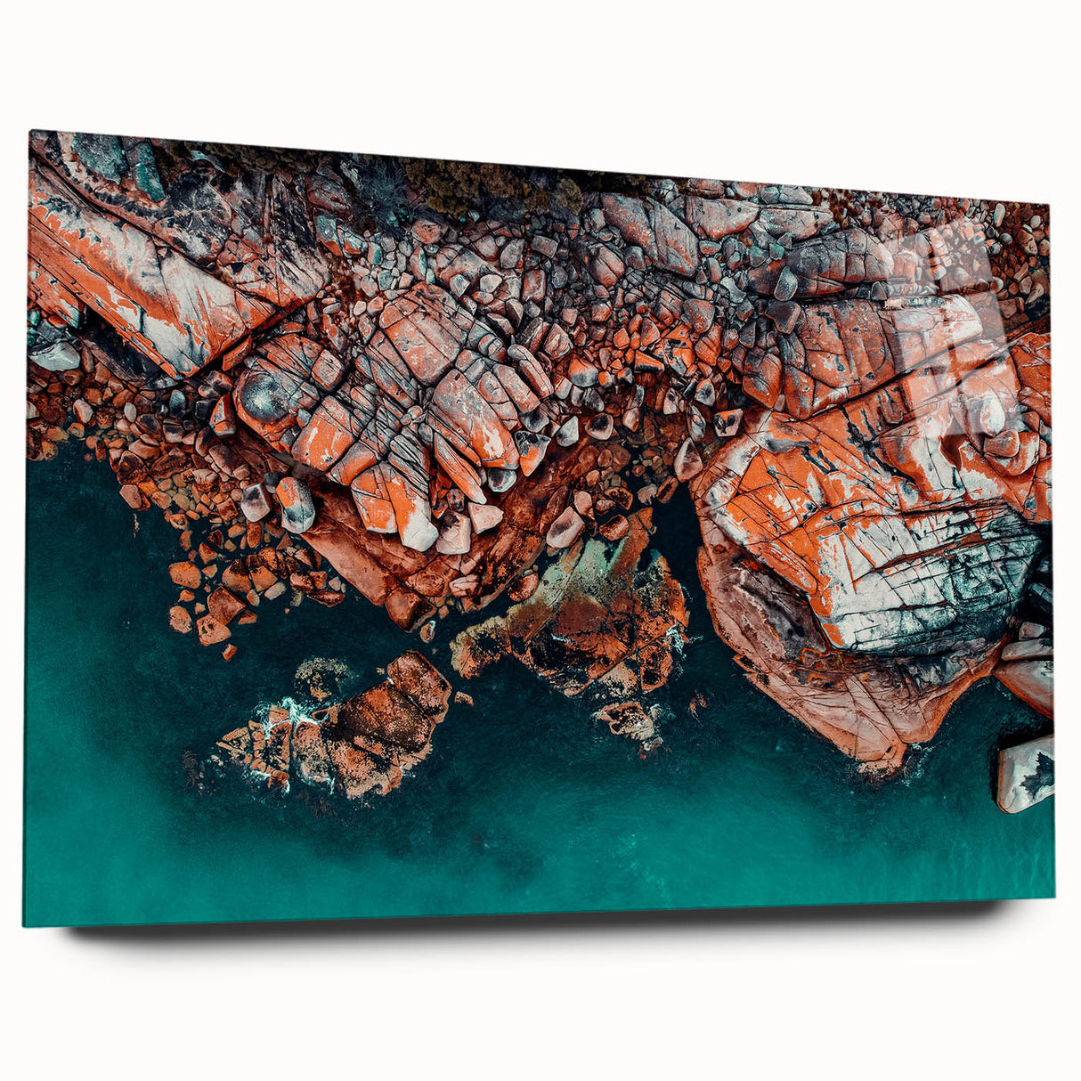 Large abstract wall art of Tasmania scenery in muted earth tones on acrylic glass, ideal for bedroom or dining room decor.