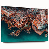Large abstract wall art of Tasmania scenery in muted earth tones on acrylic glass, ideal for bedroom or dining room decor.