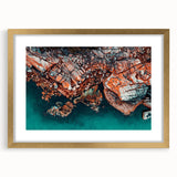 Abstract art print of a Tasmanian landscape in muted earth tones, framed in gold, suitable for dining or bedroom decor.