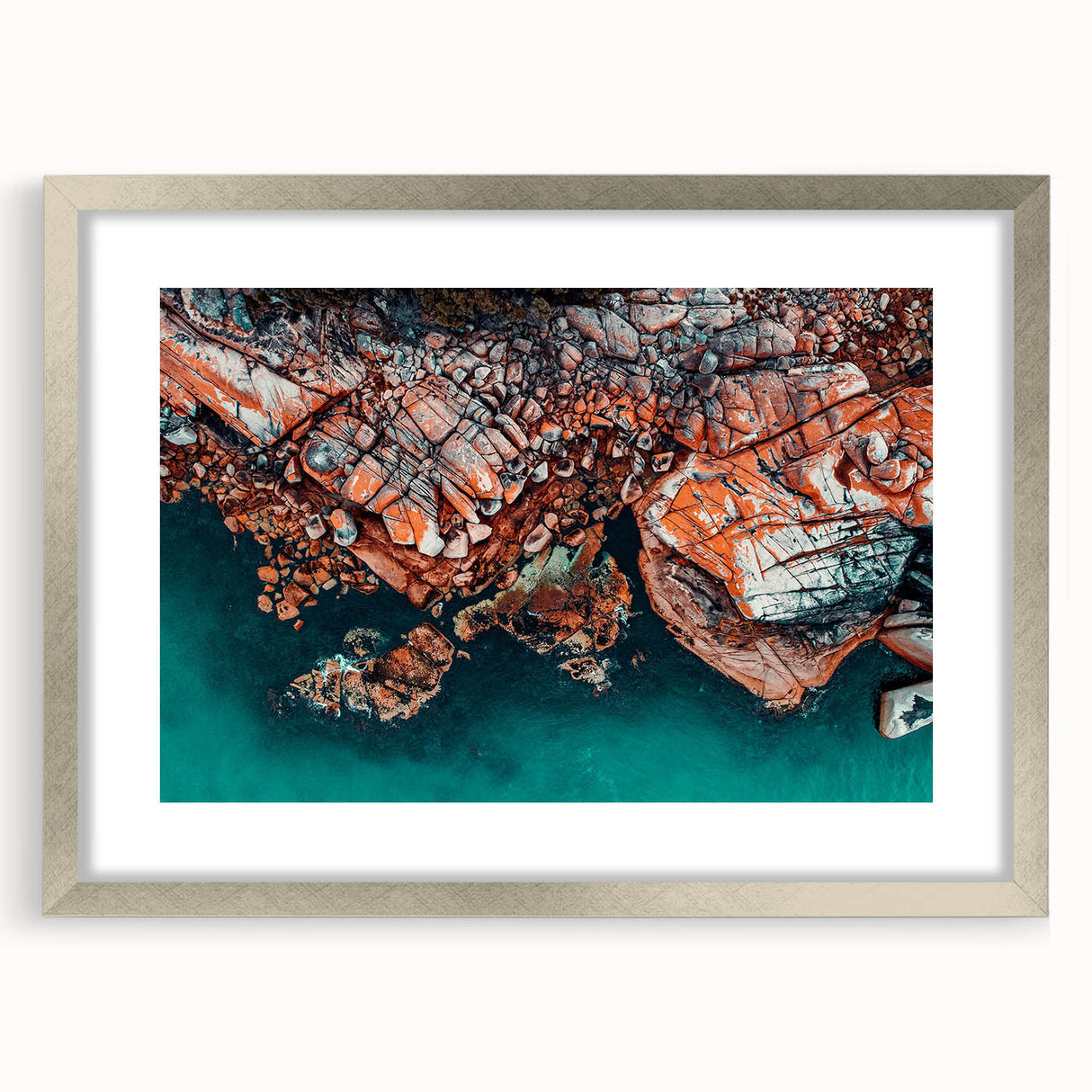 Extra large abstract art print of Tasmanian scenery in textured silver frame, ideal for living room decor.