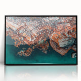 Large abstract wall art depicting a Tasmanian landscape in muted earth tones, framed in black acrylic.