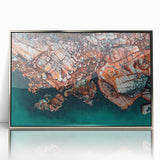 Large art print of a Tasmanian landscape in muted earth tones, framed in silver acrylic, suitable for modern art wall decor.