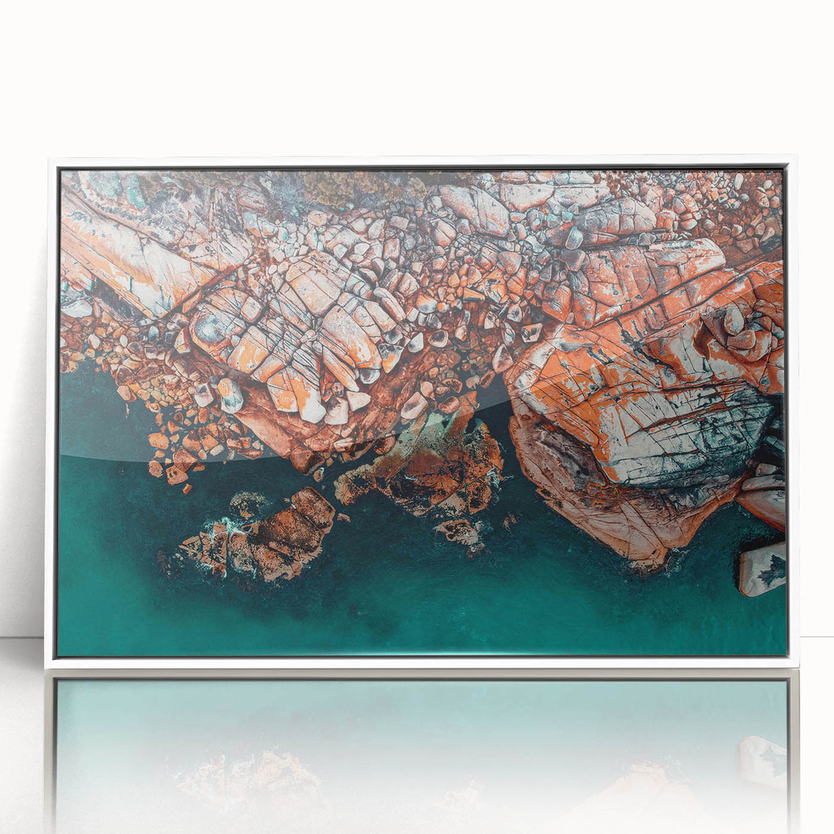 Framed acrylic print of a Tasmanian landscape in mid-century modernist style, featuring muted earth tones.