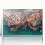 Framed acrylic print of a Tasmanian landscape in mid-century modernist style, featuring muted earth tones.