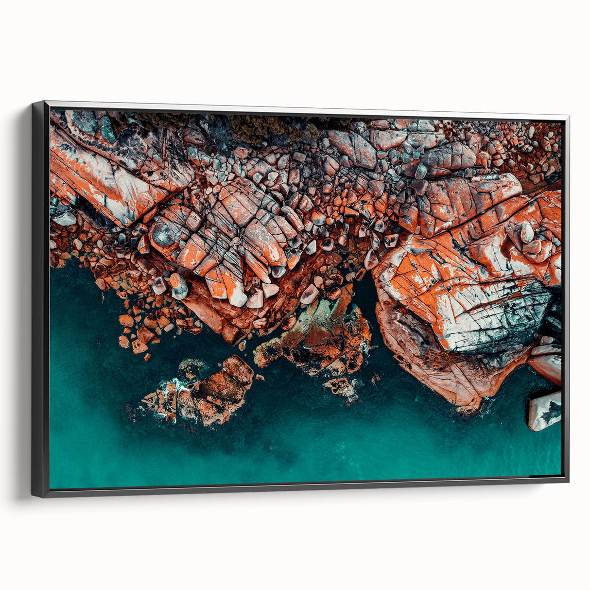 Black and white framed canvas featuring a vintage-style Tasmanian landscape, ideal for bedroom wall decor.