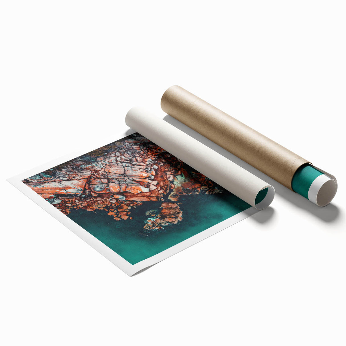 Extra large rolled print depicting the serene Tasmania scenery in muted green and blue tones.